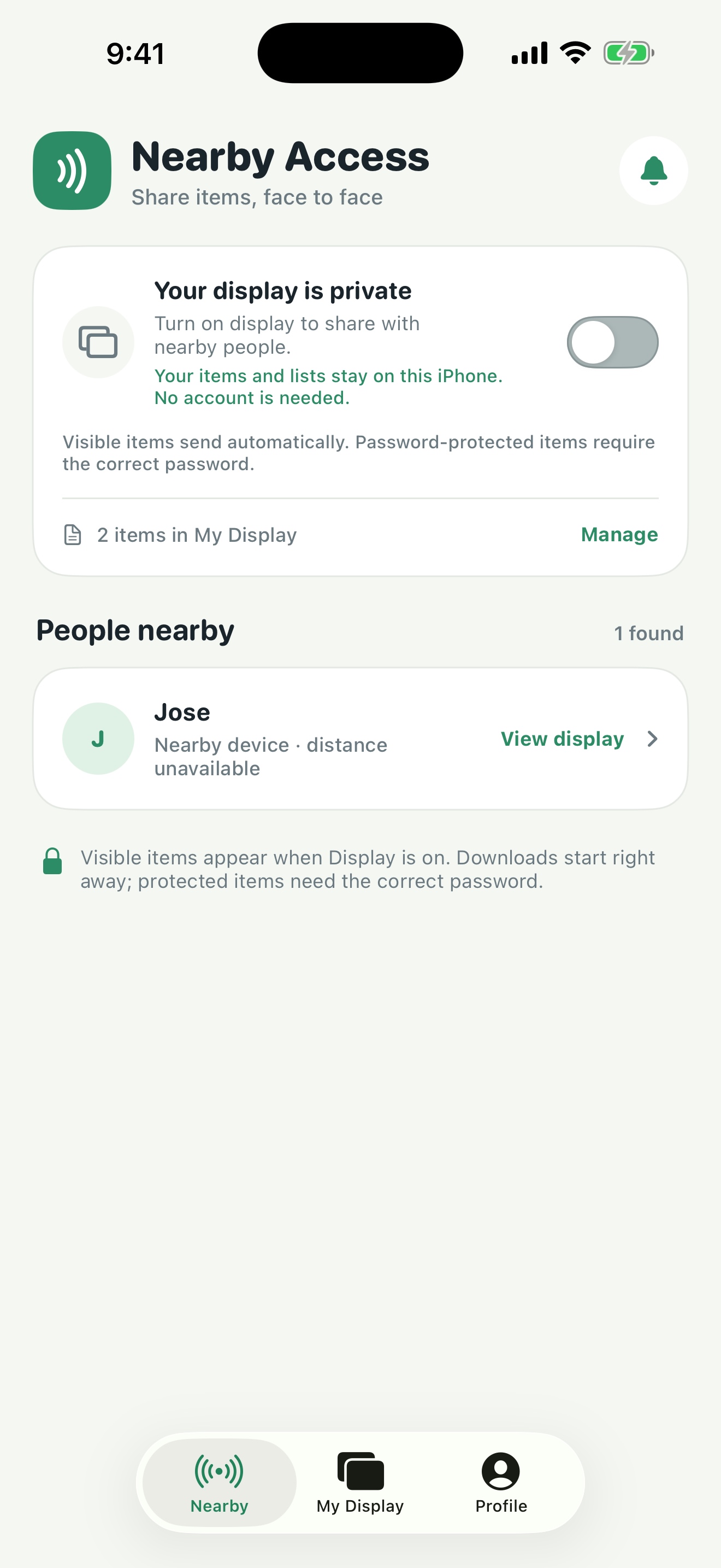 Nearby Access kept private until the owner turns Display on
